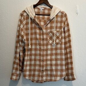 Time And Tru Tan Plaid Hooded Flannel Button Down Shirt L Soft Casual Fall Top